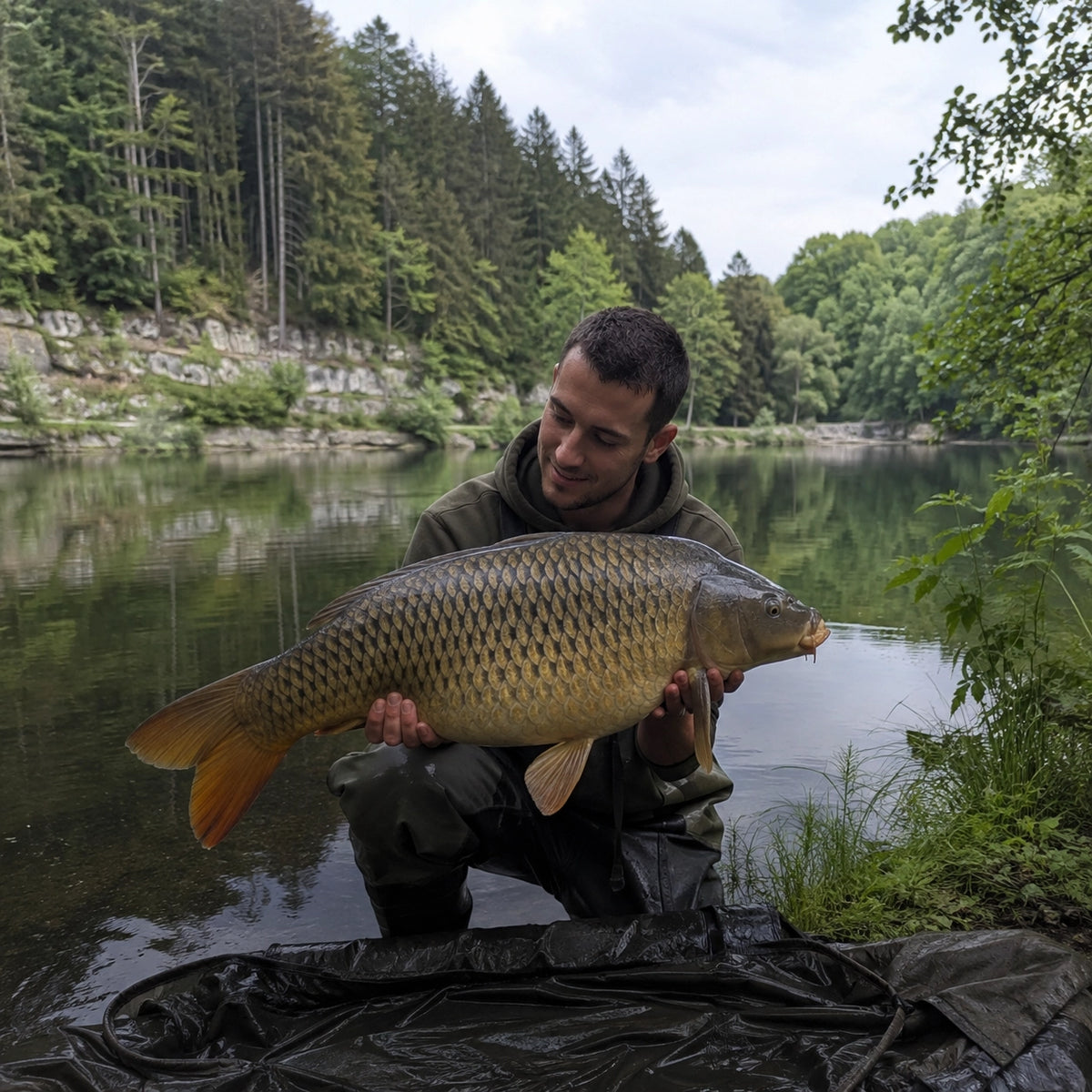 Carpiste tenant une carpe commune au bord d'un lac forestier des Ardennes