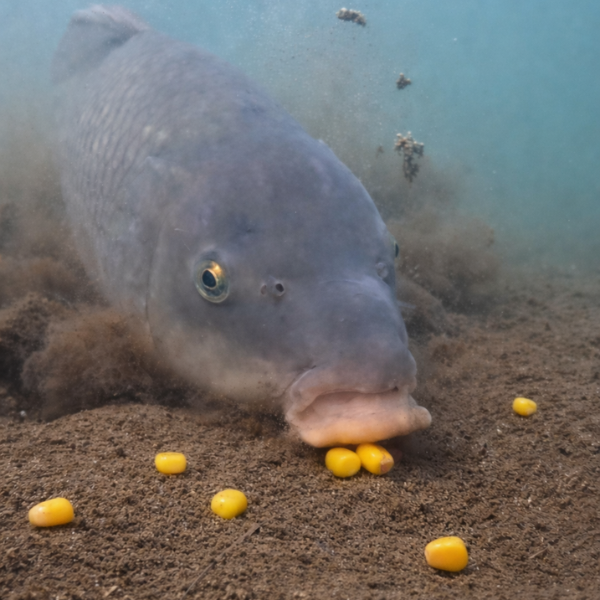 Carpe commune aspirant des grains de maïs sur le fond en vue sous-marine