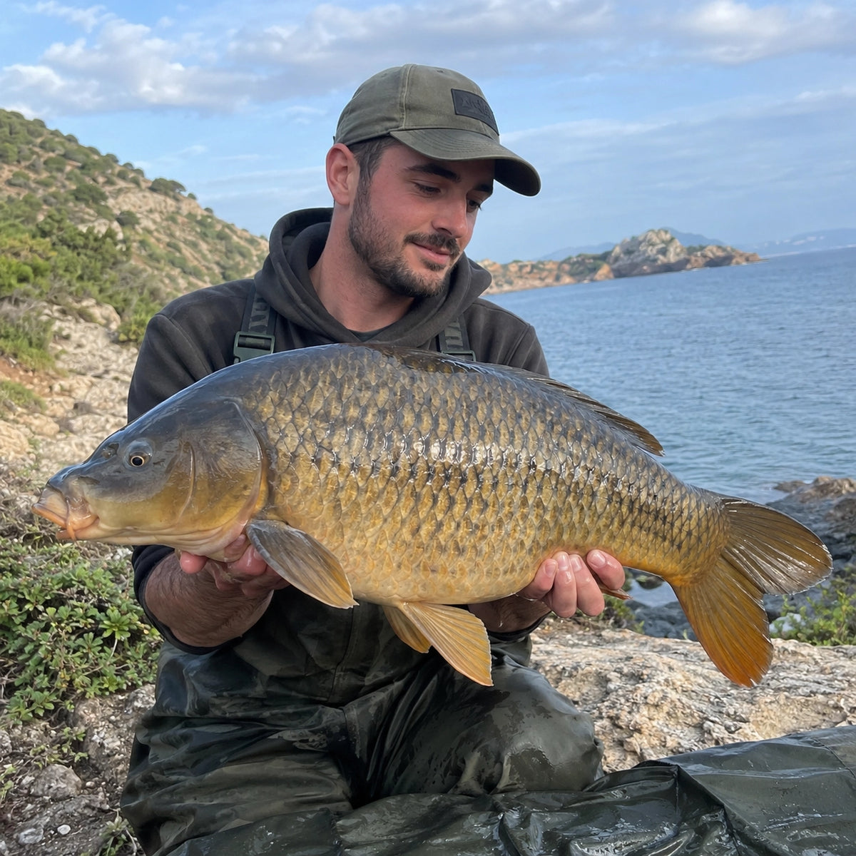 Carpe commune présentée au bord de l'eau par un carpiste