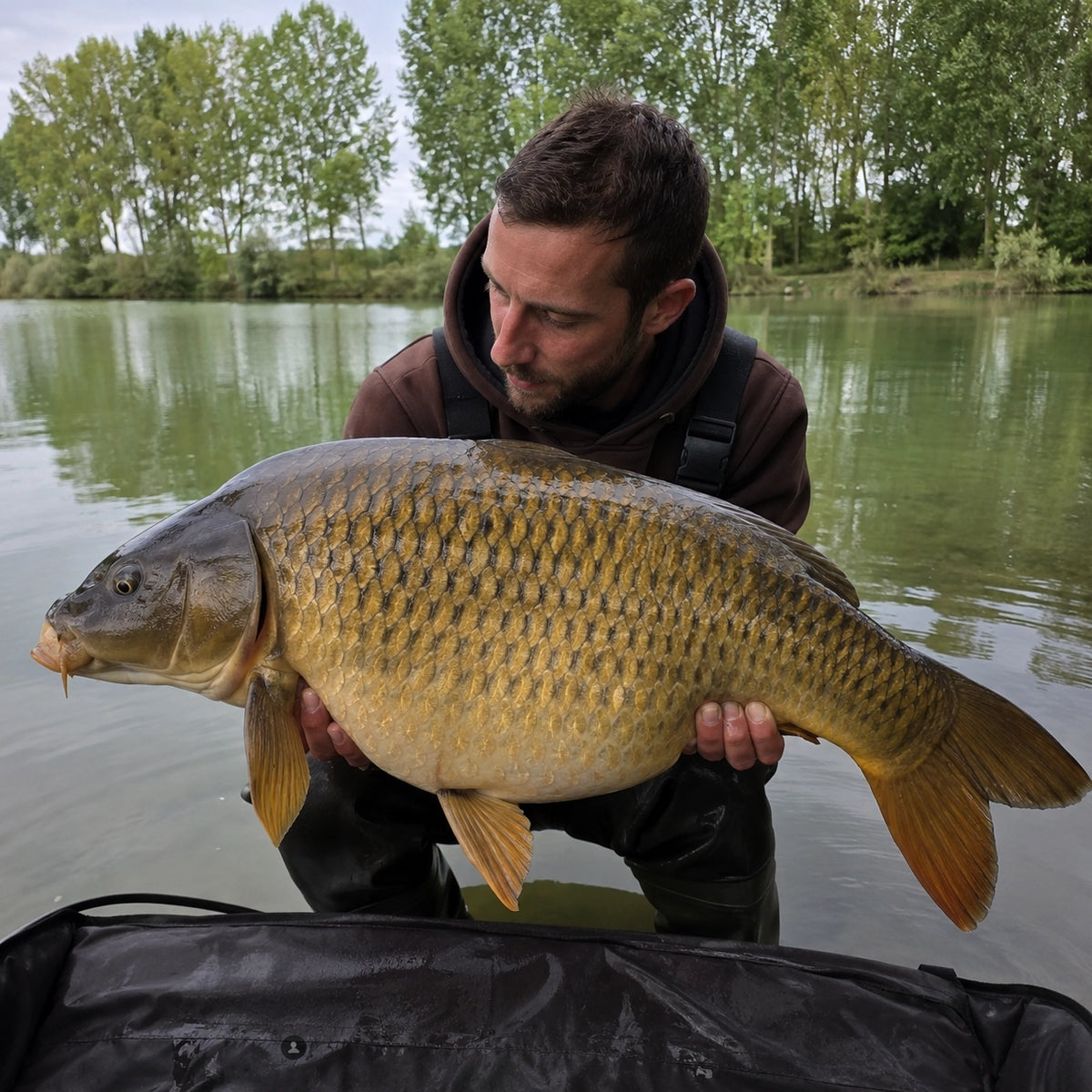 Carpiste tenant une carpe commune dans l'eau le long du fleuve Charente