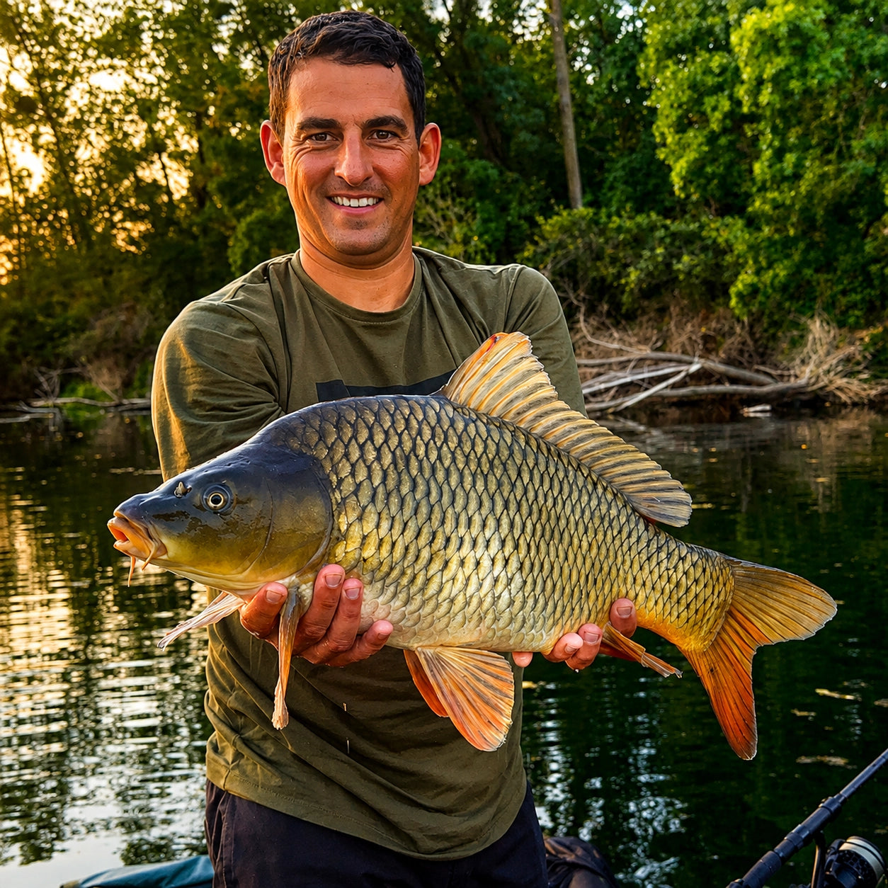 Pêcheur tenant une carpe commune au bord d'une rivière au coucher du soleil