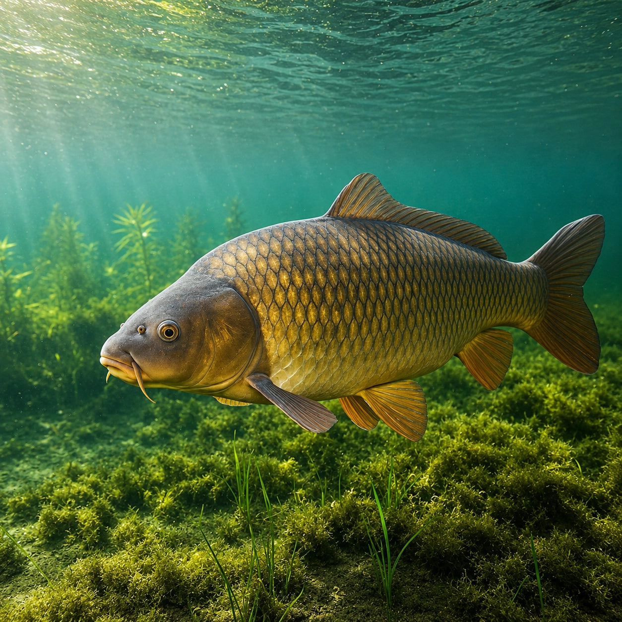 Carpe commune nageant sous l'eau au-dessus d'herbiers, corps fuselé doré