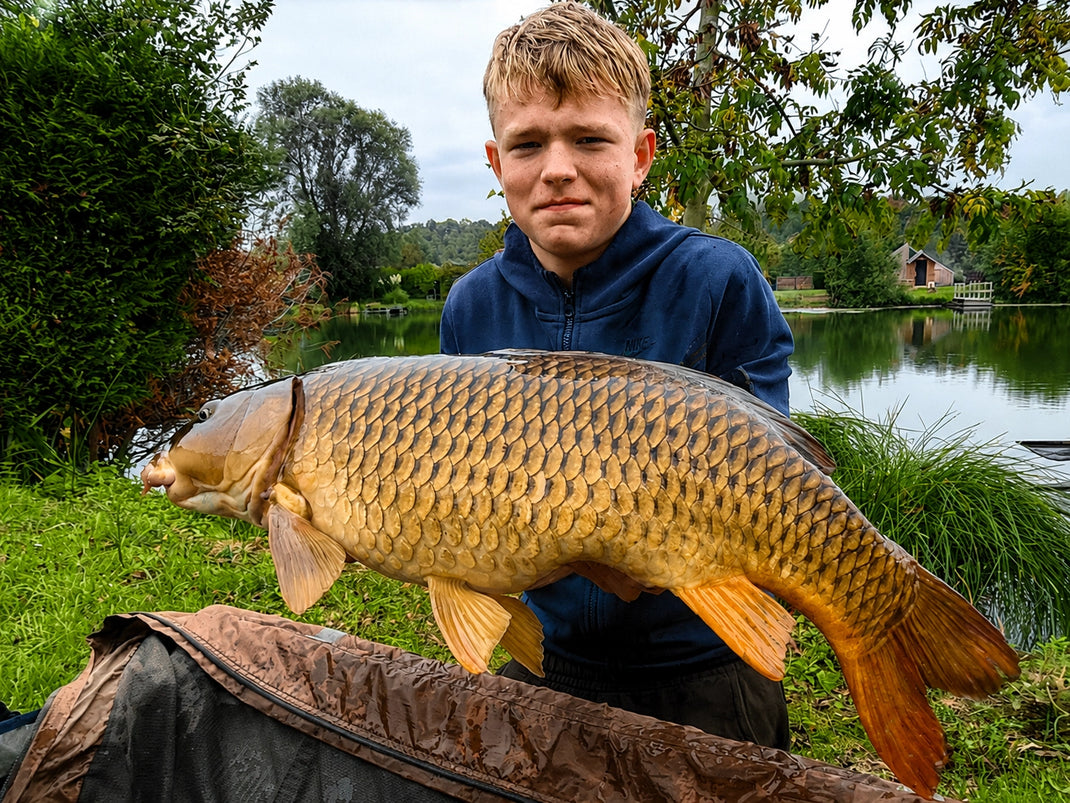 Jeune carpiste fier de sa grosse carpe commune pêchée en étang