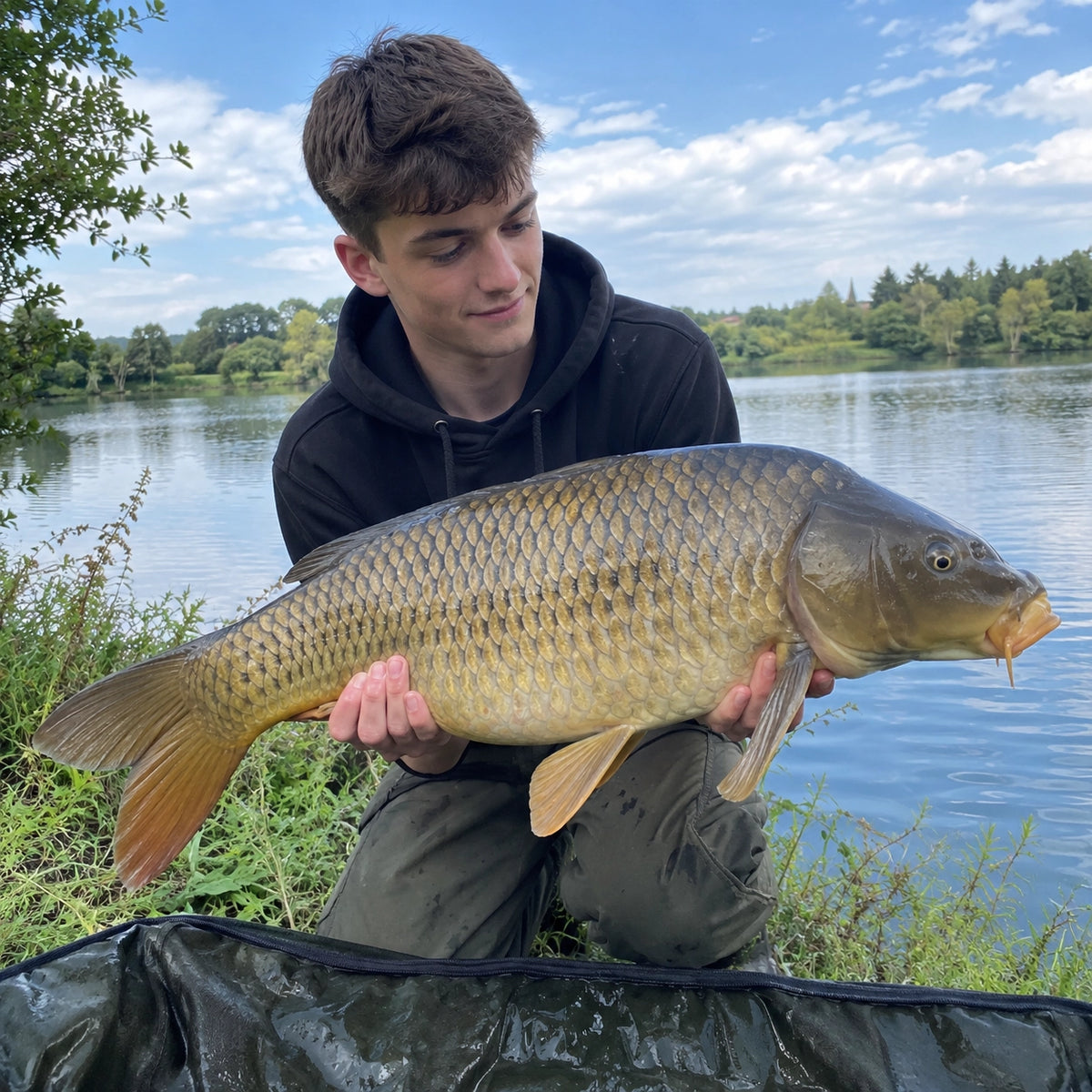 Jeune carpiste avec une carpe commune sur une gravière de la vallée de la Loire