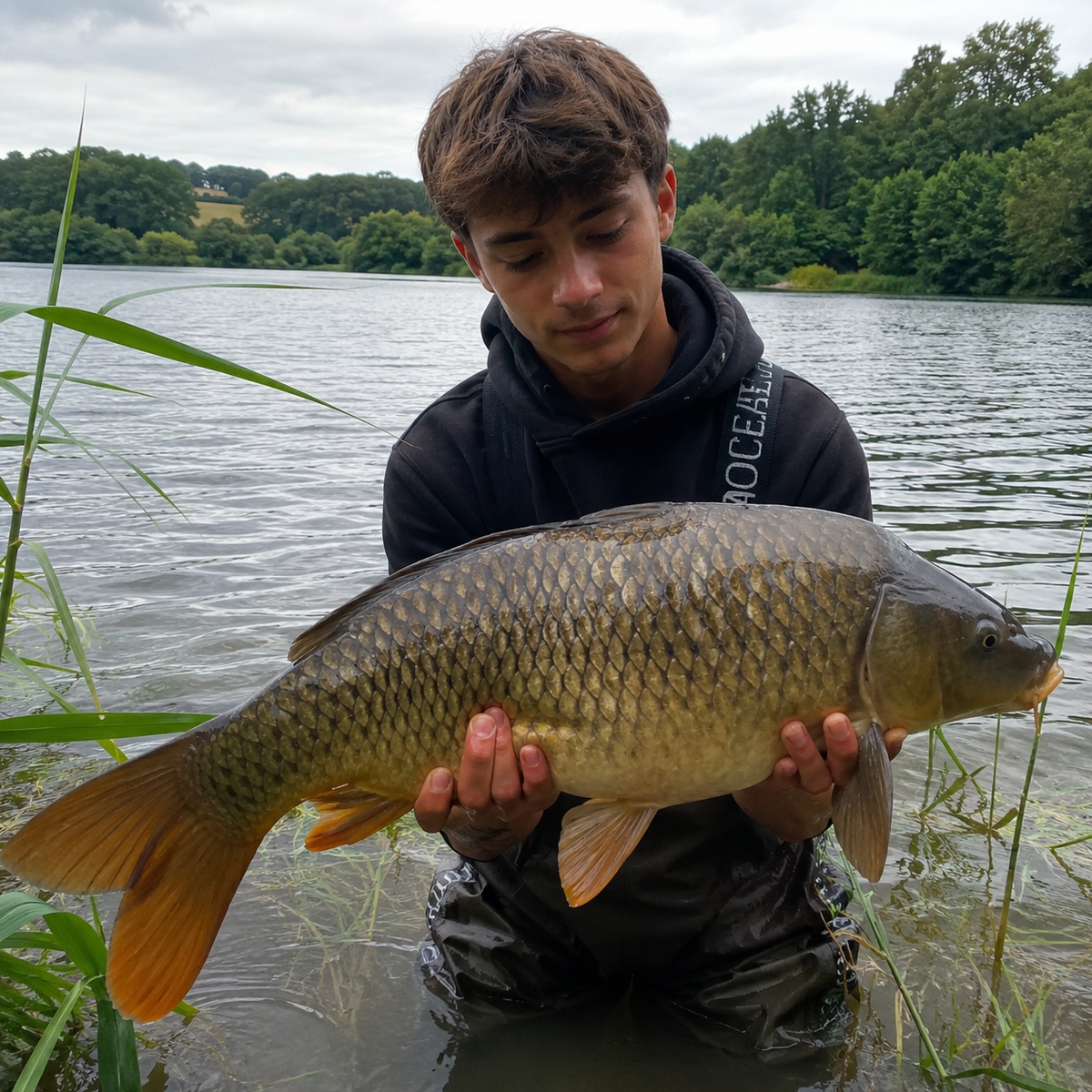 Carpiste dans l'eau avec une carpe commune prise sur un lac du Gers