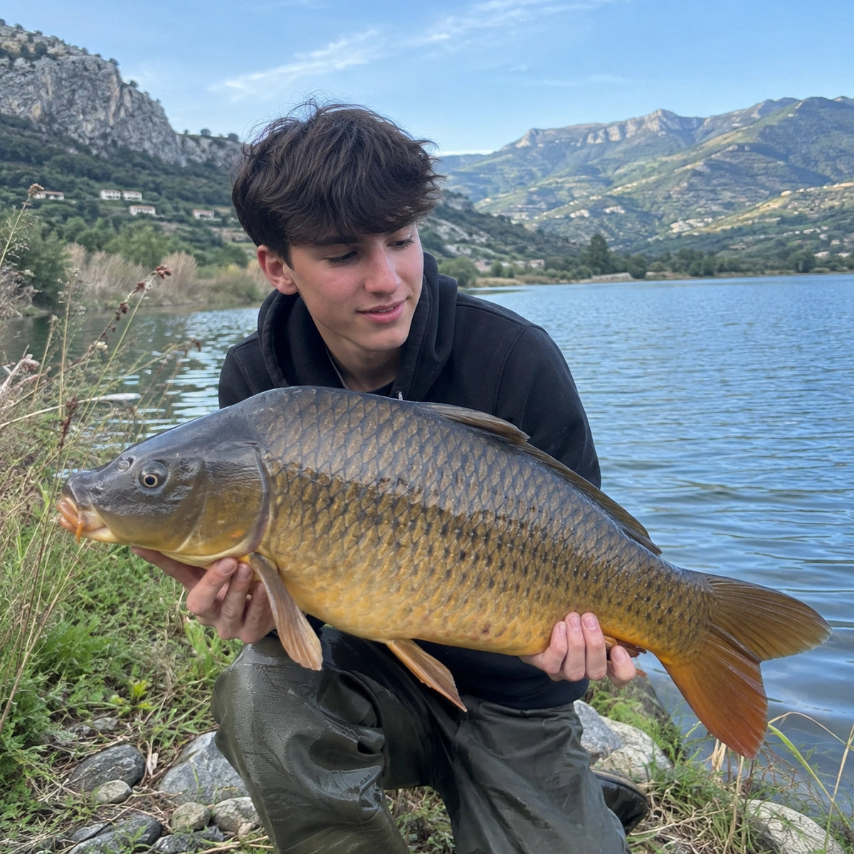 Jeune pêcheur avec une carpe commune au bord d'un lac, village perché et montagnes en arrière-plan