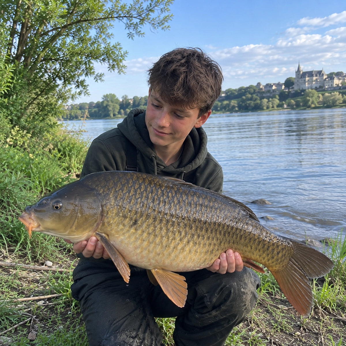 Carpe commune capturée en bord de Loire, cours d'eau du domaine public en Indre-et-Loire