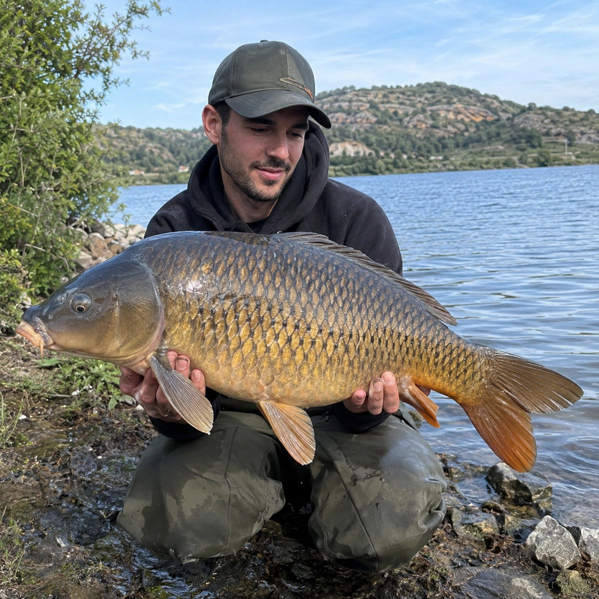 Carpe commune prise sur un lac collinaire du sud, dans un décor de garrigue