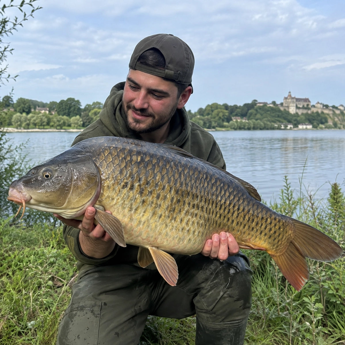 Carpe commune capturée en bord de Loire, avec un château perché sur le coteau