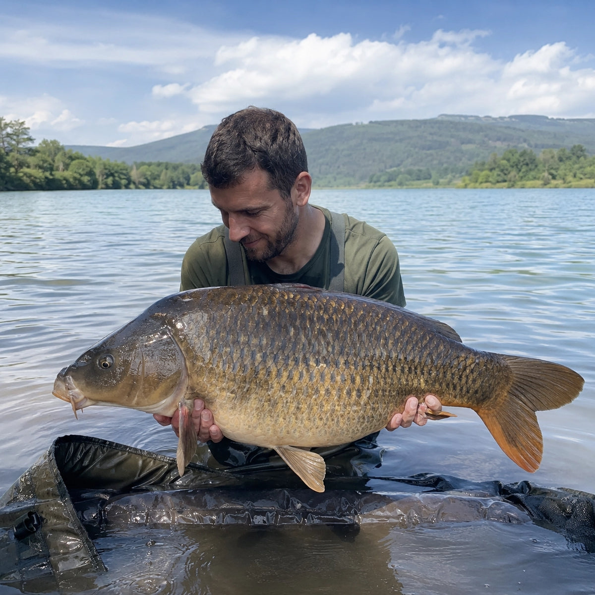Pêcheur dans l'eau tenant une carpe commune devant un large plan d'eau du Bugey