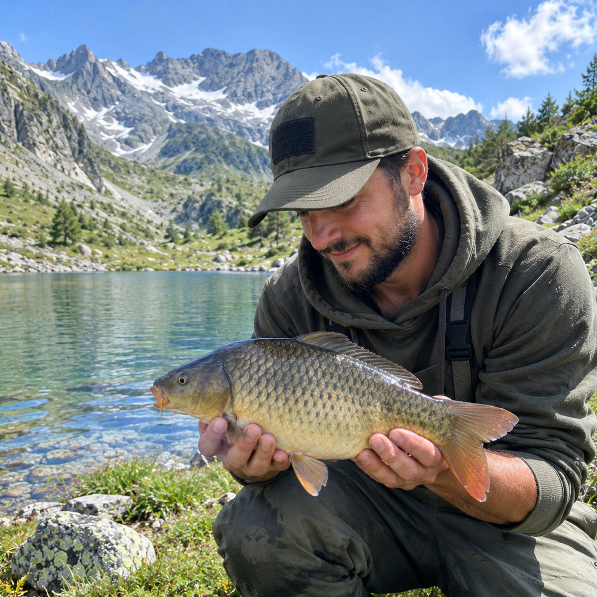 Carpiste présentant une carpe commune au bord de l'eau dans les Hautes-Alpes