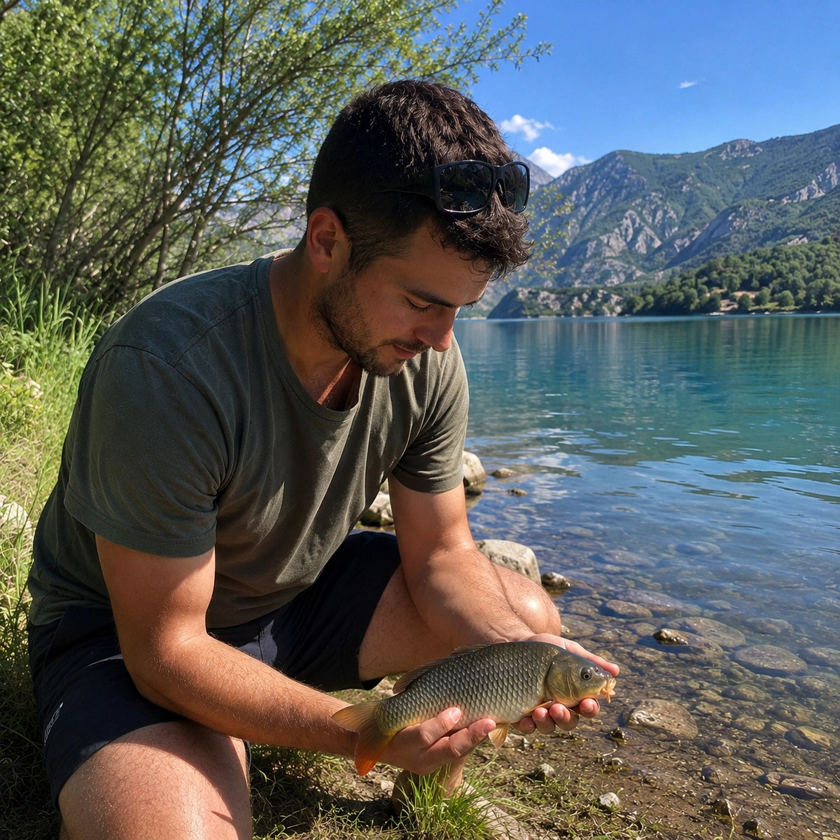 Carpe commune relâchée au bord d'un lac turquoise du 04