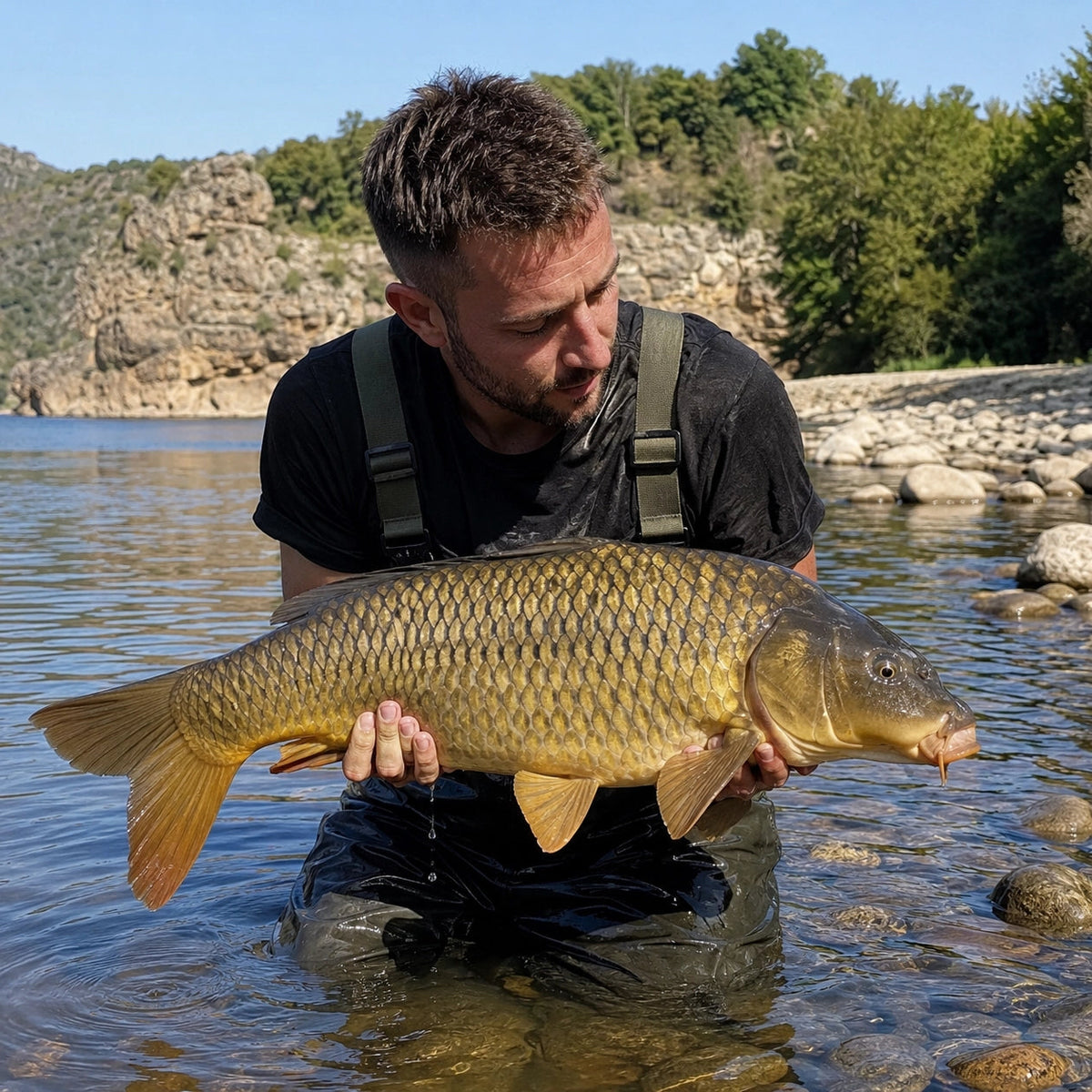 Carpiste présentant une carpe commune dans une rivière aux falaises calcaires