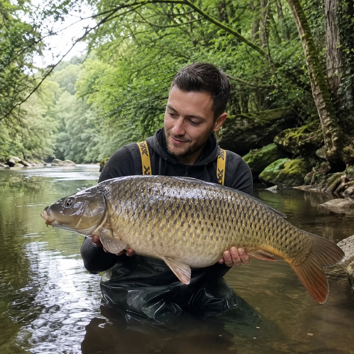 Pêcheur présentant une carpe commune capturée sur une rivière du Périgord