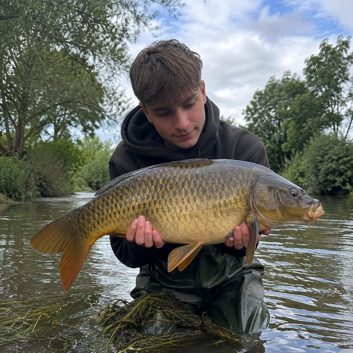 Pêcheur en waders tenant une carpe commune dans le courant d'une rivière d'Eure-et-Loir