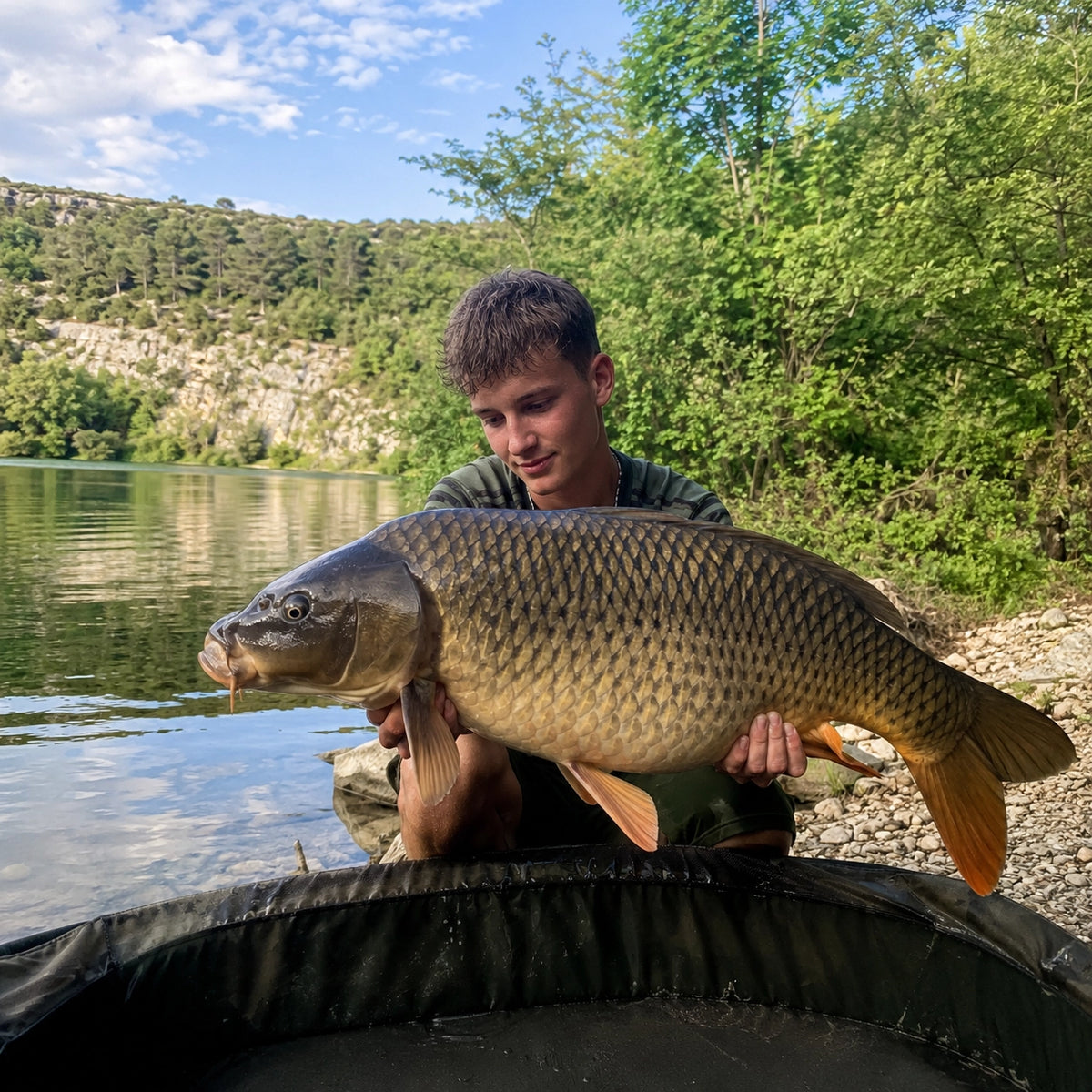 Carpiste tenant une carpe commune au bord d'une rivière du Gard