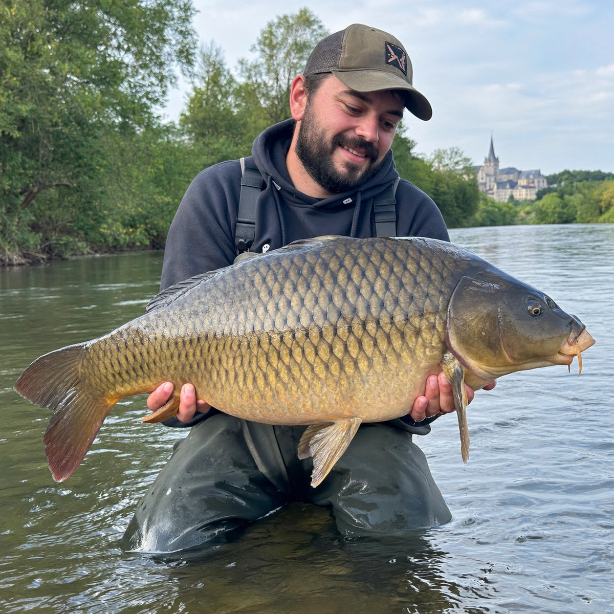 Carpiste dans l'eau avec une carpe commune prise sur une rivière lente du domaine privé