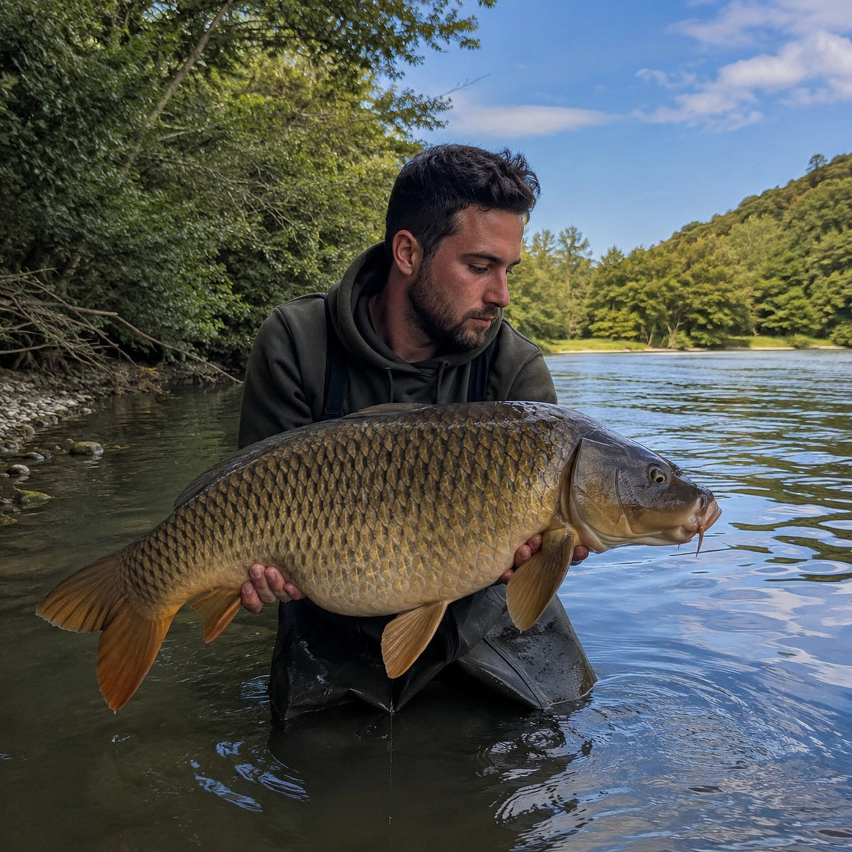 Carpiste agenouillé dans l'eau présentant une carpe commune du fleuve Aude
