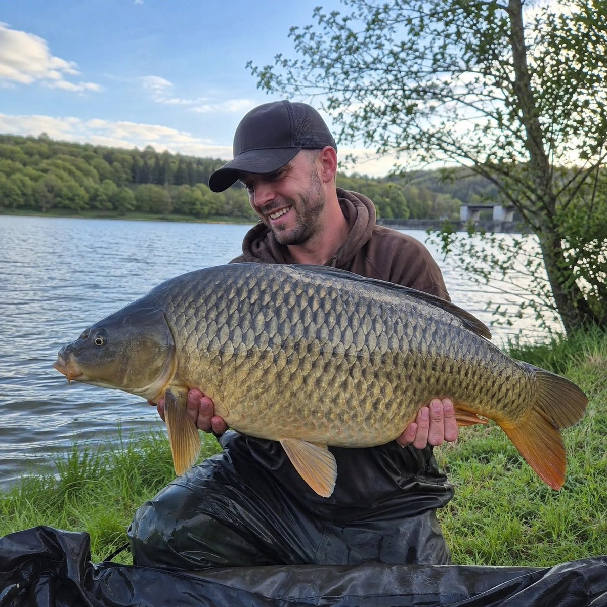 Carpiste souriant avec une carpe commune au bord d'un lac, illustrant la pêche de la carpe autour de Saint-Brieuc