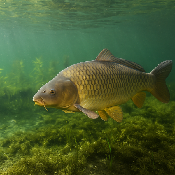 Carpe commune nageant au-dessus d'un herbier en eau claire, vue subaquatique