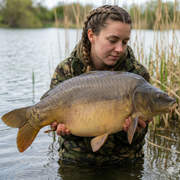 Carpiste maintenant une carpe cuir humide dans l'eau avant la remise à l'eau en no-kill