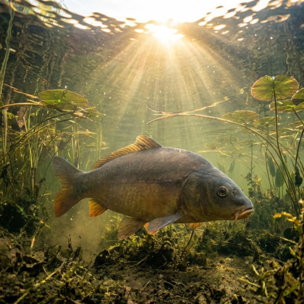 Carpe cuir nageant sous l'eau dans son milieu naturel, éclairée par les rayons du soleil à travers la végétation aquatique