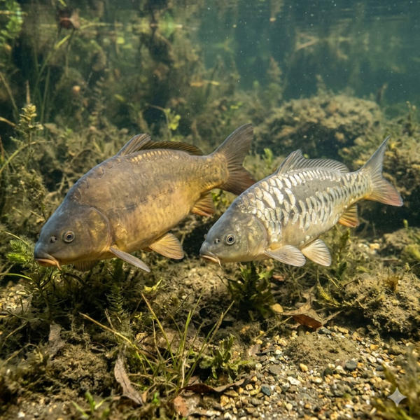 Carpe cuir sans écailles et carpe miroir avec ses grandes plaques irrégulières côte à côte sous l'eau
