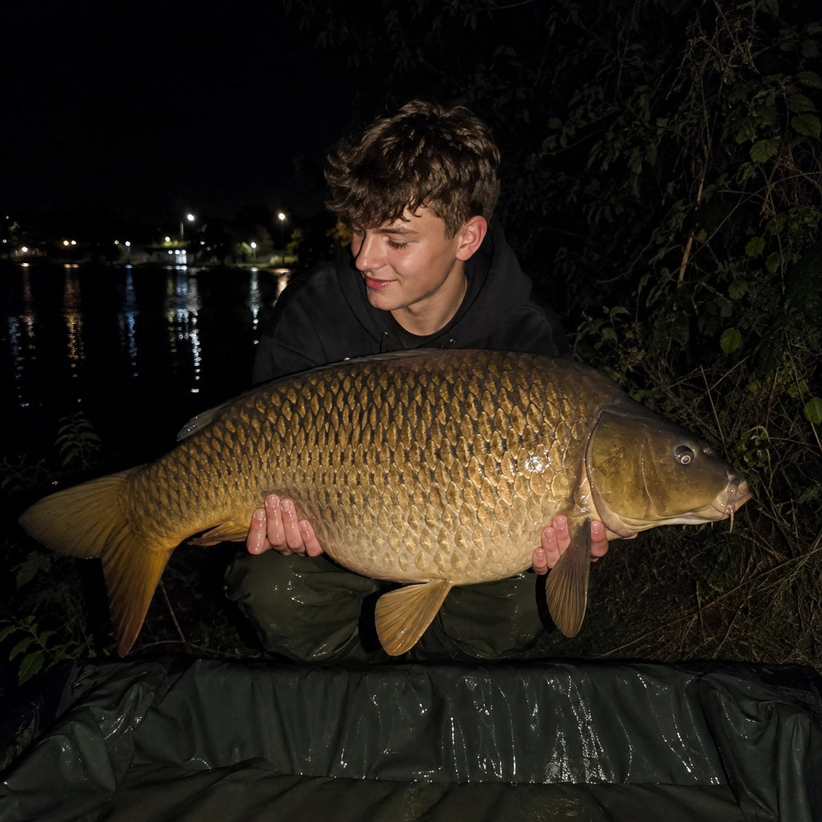 Carpe commune capturée de nuit sur un lac de la forêt d'Orient