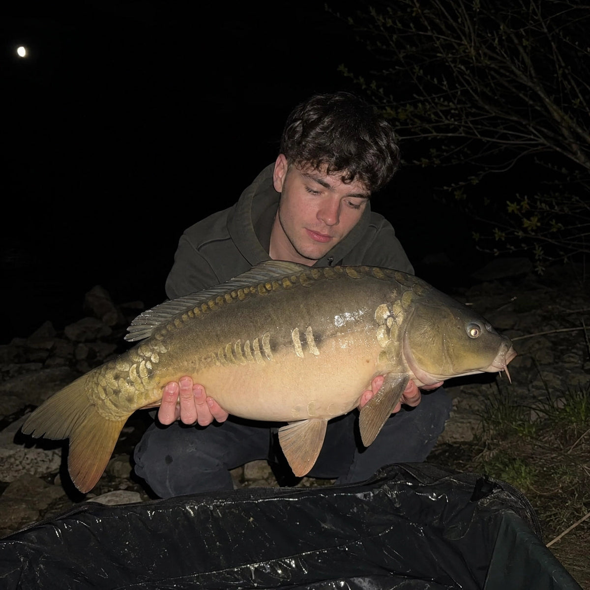 Carpe miroir prise de nuit au lac de Pinet en Aveyron