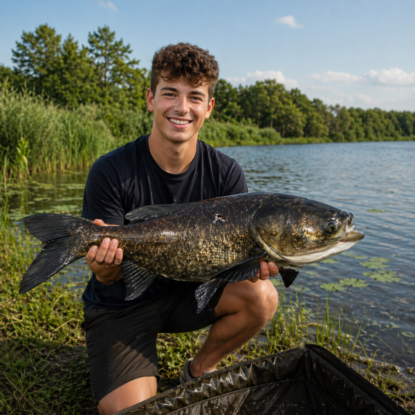 Jeune pêcheur tenant une carpe à grosse tête (Hypophthalmichthys nobilis) à la robe sombre et tachetée, capturée en bord d'étang