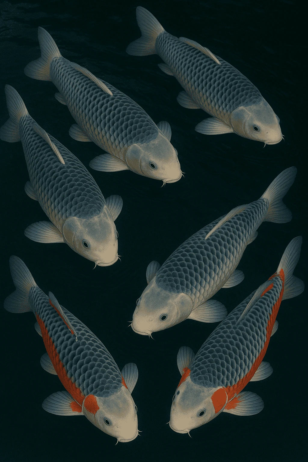 Carpes koï asagi au dos bleu clair et écailles bordées de blanc, variétés anciennes japonaises