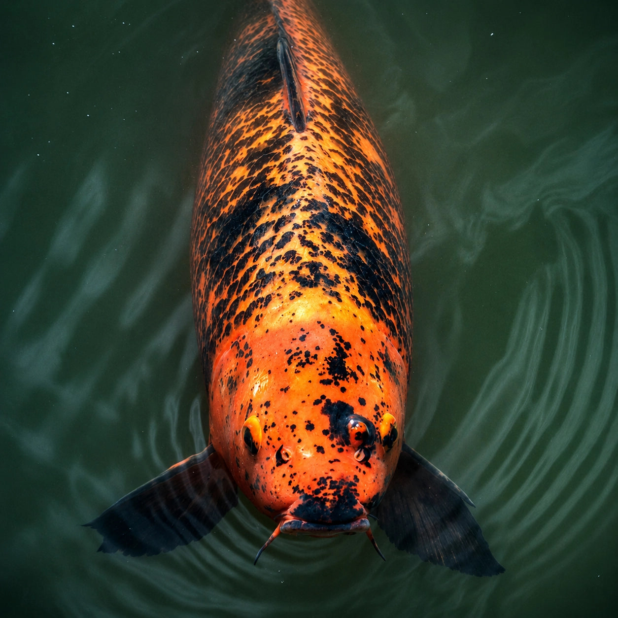 Carpe koï orange et noire vue du dessus à la surface d'un bassin