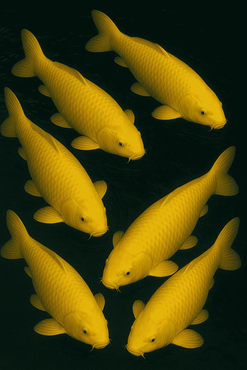 Carpes koï yamabuki ogon à la robe jaune doré métallique, reflets brillants caractéristiques