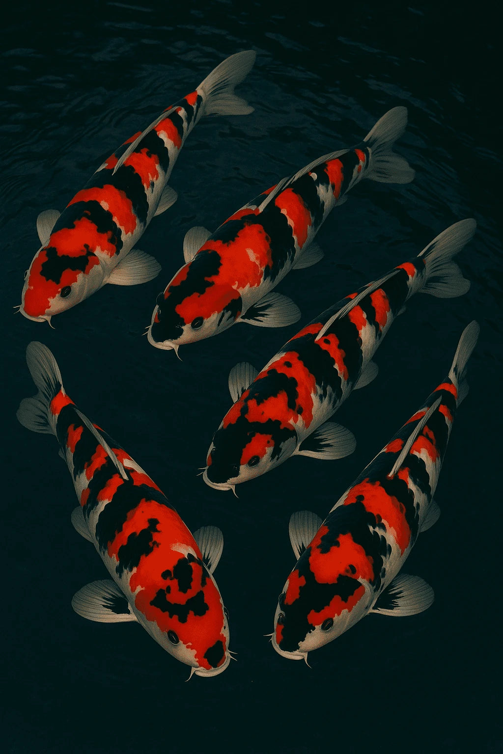 Carpes koï showa sanshoku à fond noir dominant avec taches rouges et blanches, motoguro visible