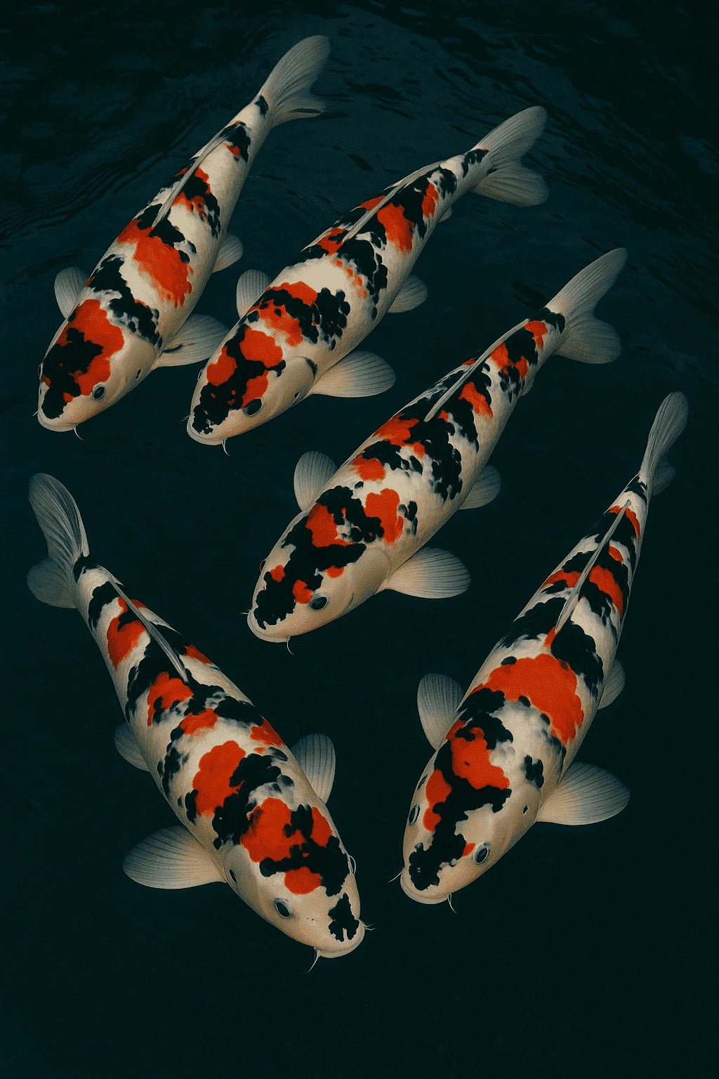 Carpes koï taisho sanke tricolores blanc rouge et noir sumi, créées durant l'ère Taisho