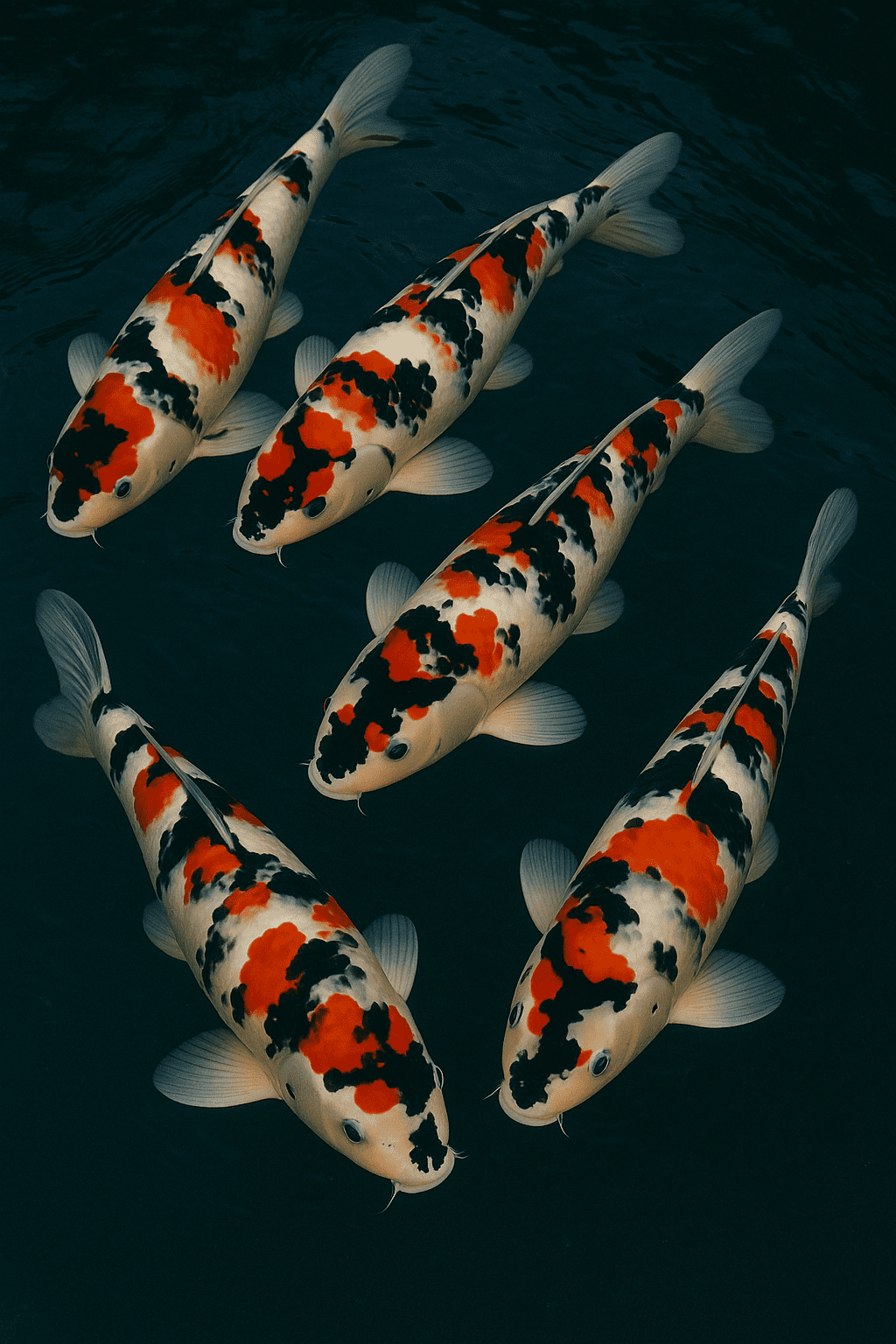 Carpe koï Taisho Sanke tricolore avec motifs blanc, rouge et noir équilibrés