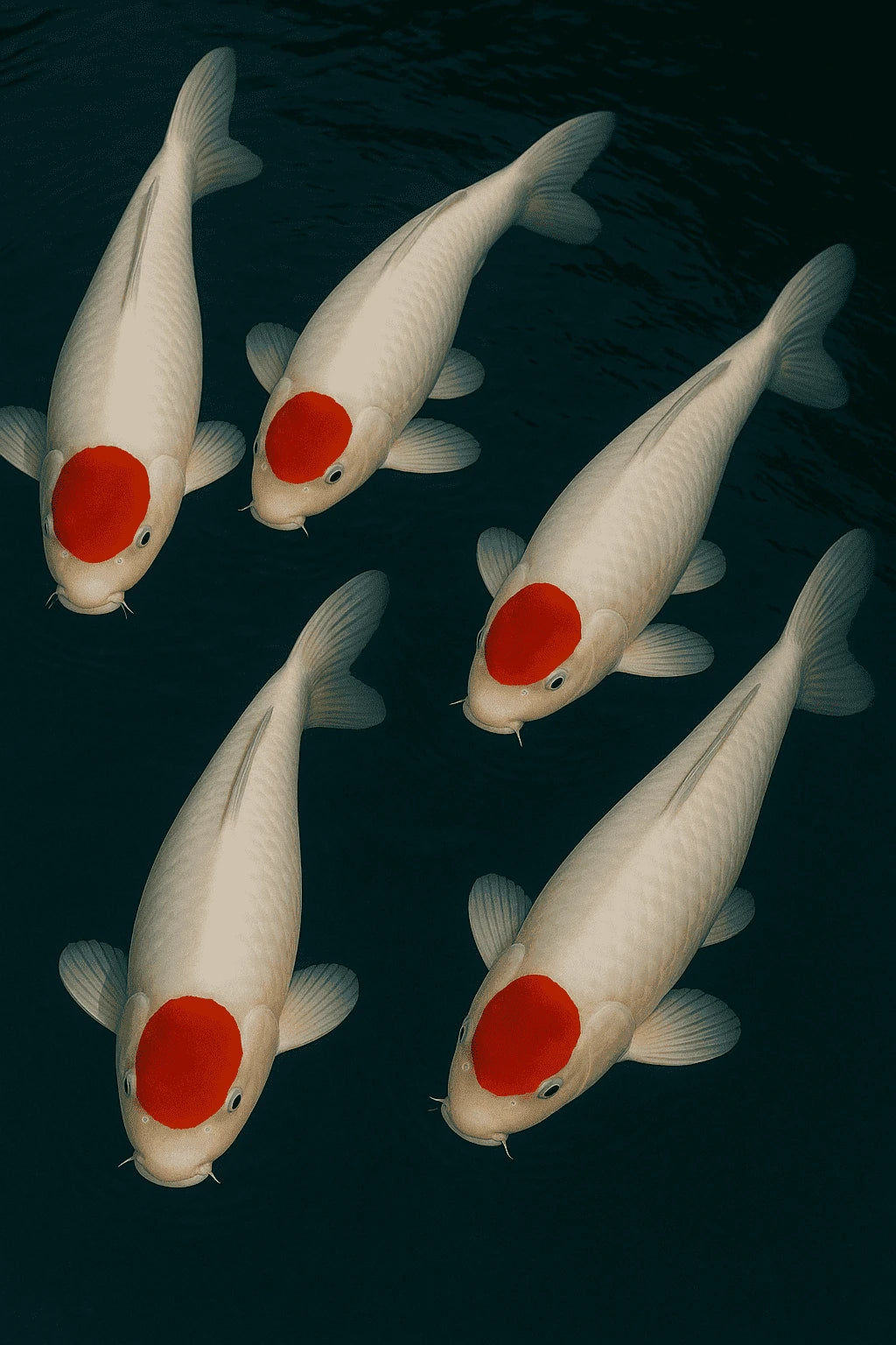 Carpes koï tancho au corps blanc et tache rouge ronde sur la tête, évoquant le drapeau japonais