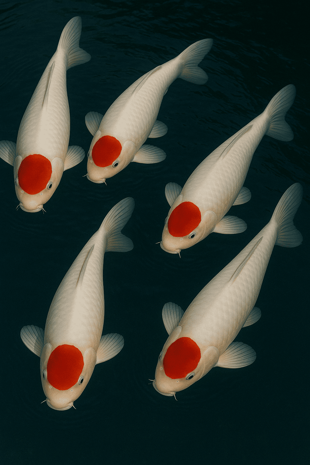 Carpe koï Tancho entièrement blanche avec une tache rouge ronde sur la tête