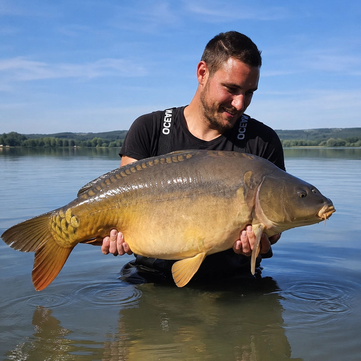 Carpiste tenant une carpe miroir dans l'eau sur un lac de la forêt d'Orient