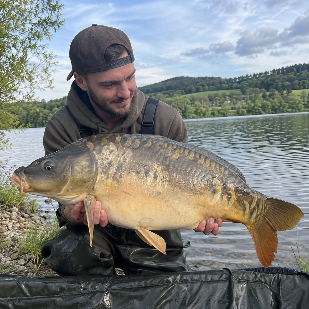 Carpiste avec une carpe miroir au bord d'un lac de moyenne montagne
