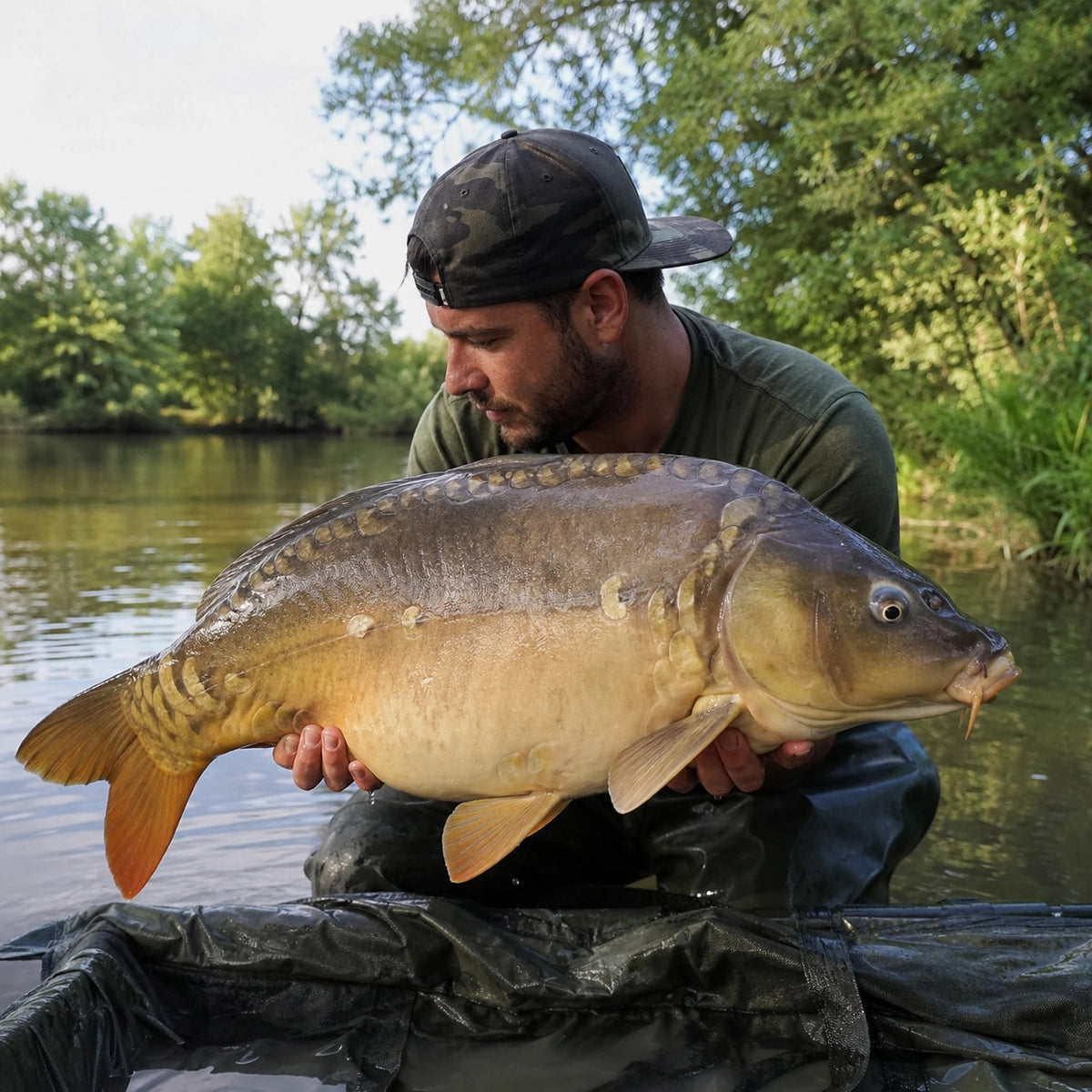 Carpe miroir capturée en rivière, maintenue sur un tapis avant remise à l'eau