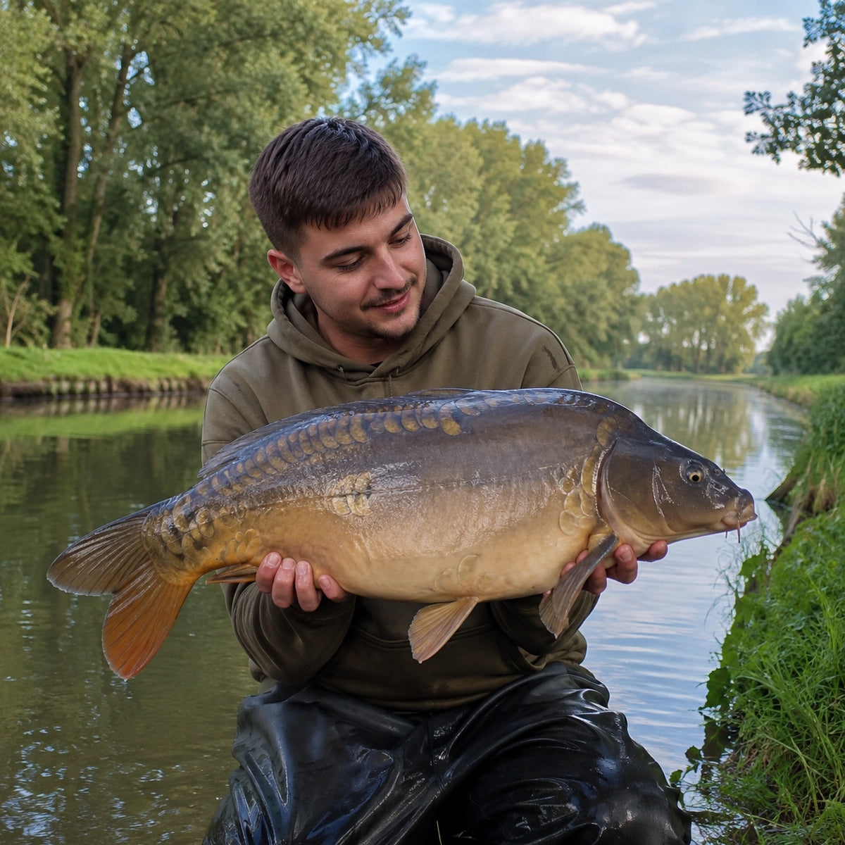 Pêcheur présentant une carpe miroir capturée sur un canal du département du Cher