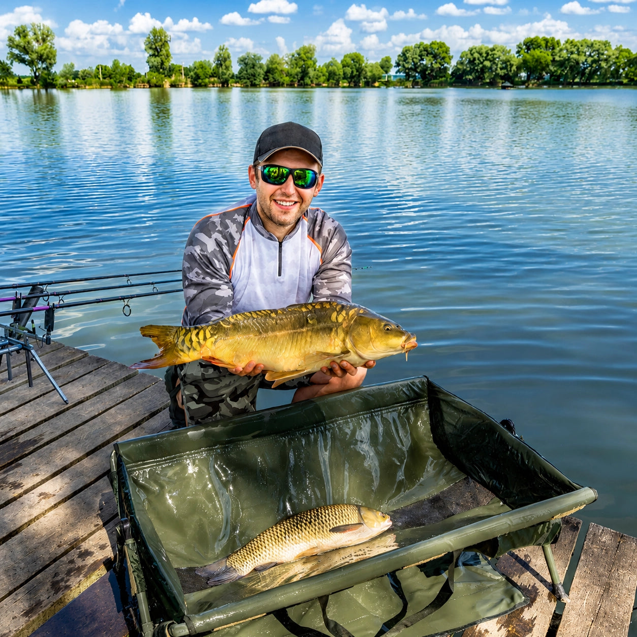Pêcheur sur ponton tenant une carpe miroir avec une carpe commune posée sur le tapis de réception, deux variétés de Cyprinus carpio