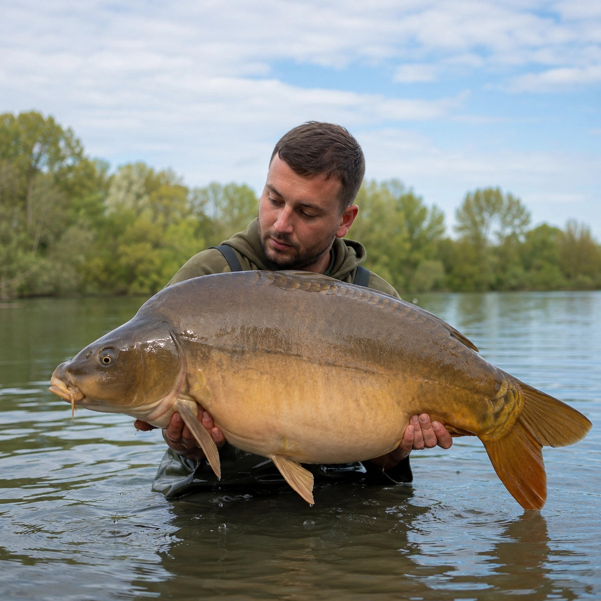 Pêcheur présentant une carpe miroir capturée en Charente-Maritime