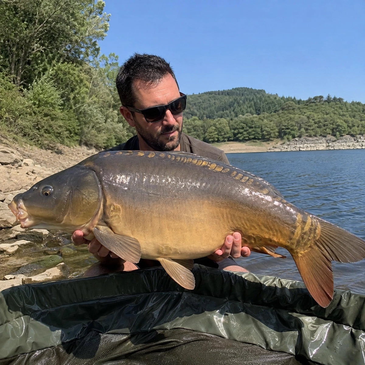 Pêcheur présentant une carpe miroir capturée sur un lac de barrage corrézien