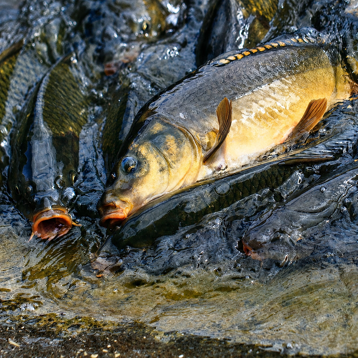 Carpes miroirs entassées lors d'un empoissonnement en pisciculture