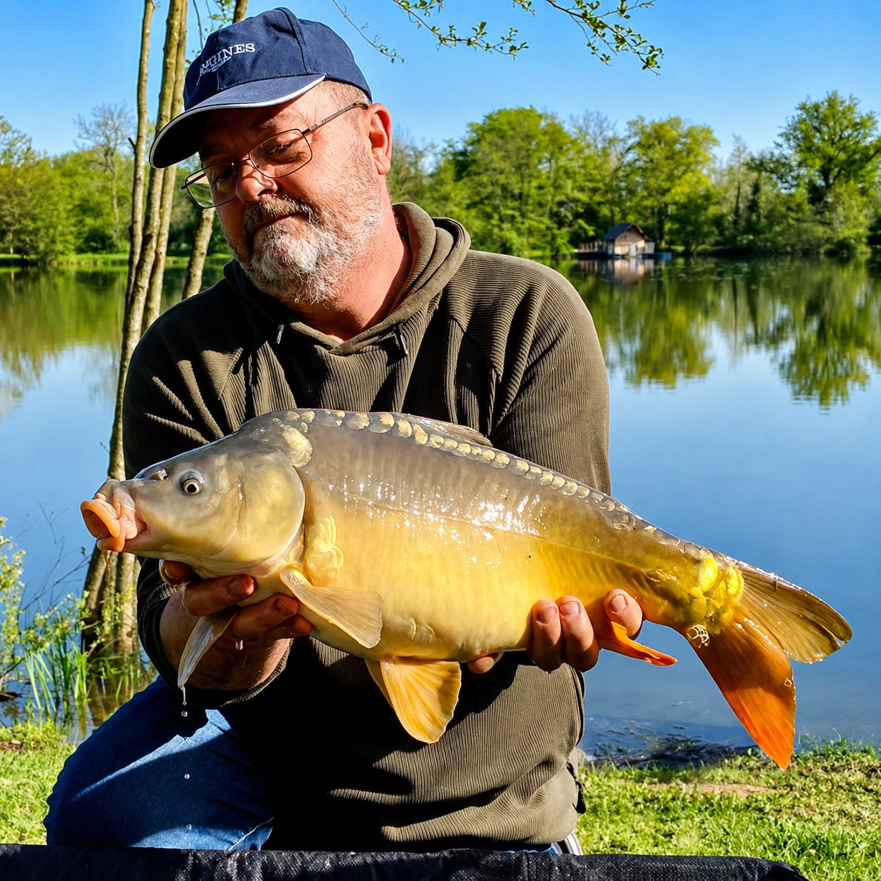 Pêcheur présentant une carpe miroir capturée sur l'étang du Domaine de la Dombes