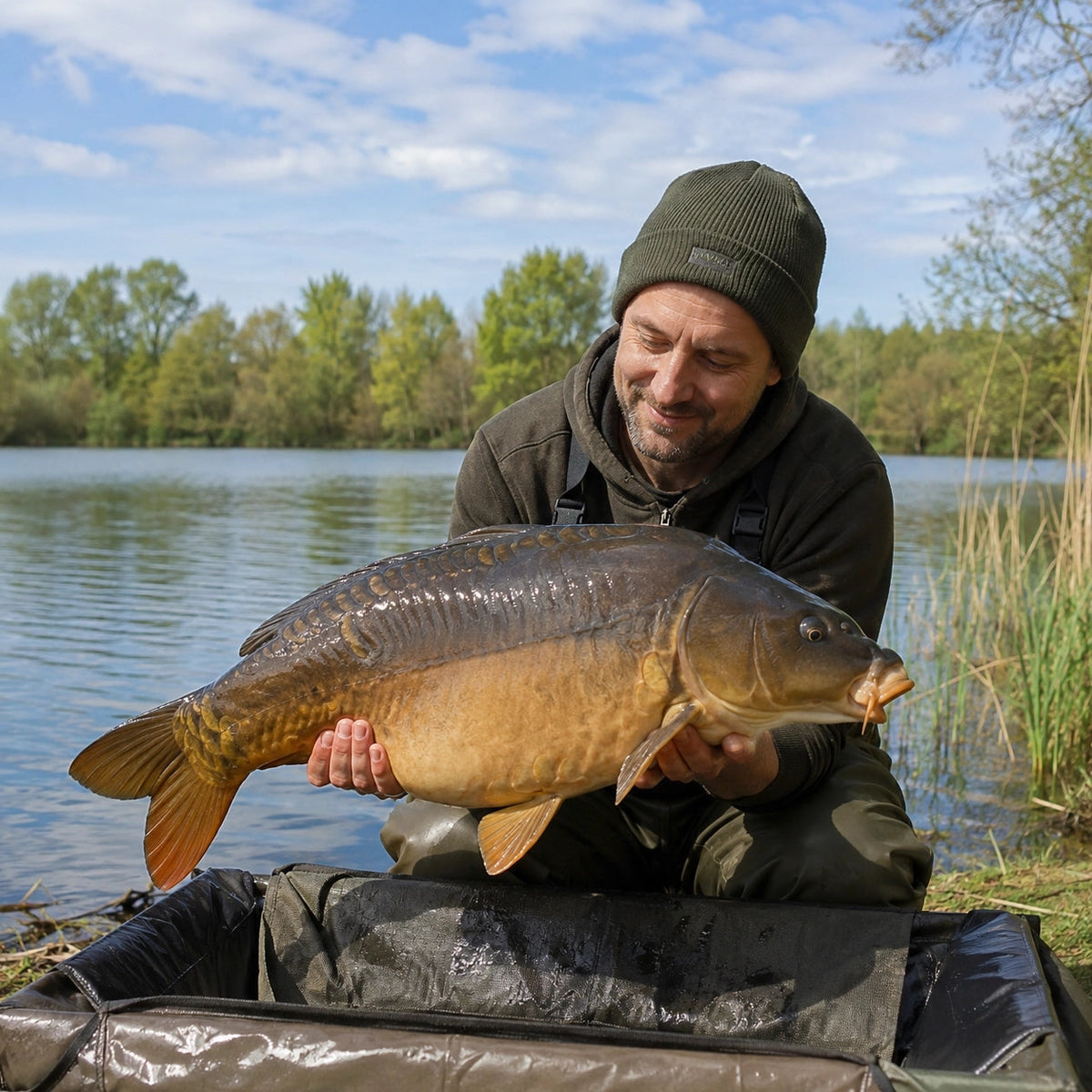 Pêcheur soutenant une carpe miroir sur un tapis de réception, au bord d'un étang aux berges de roseaux