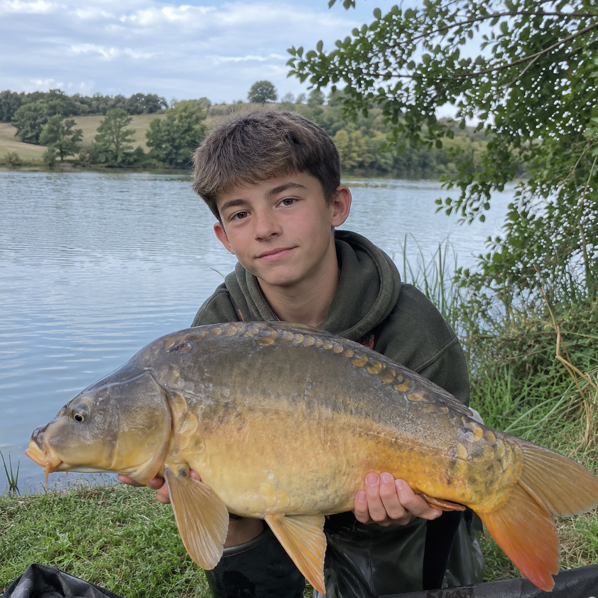 Jeune carpiste avec une carpe miroir prise au lac d'Astarac
