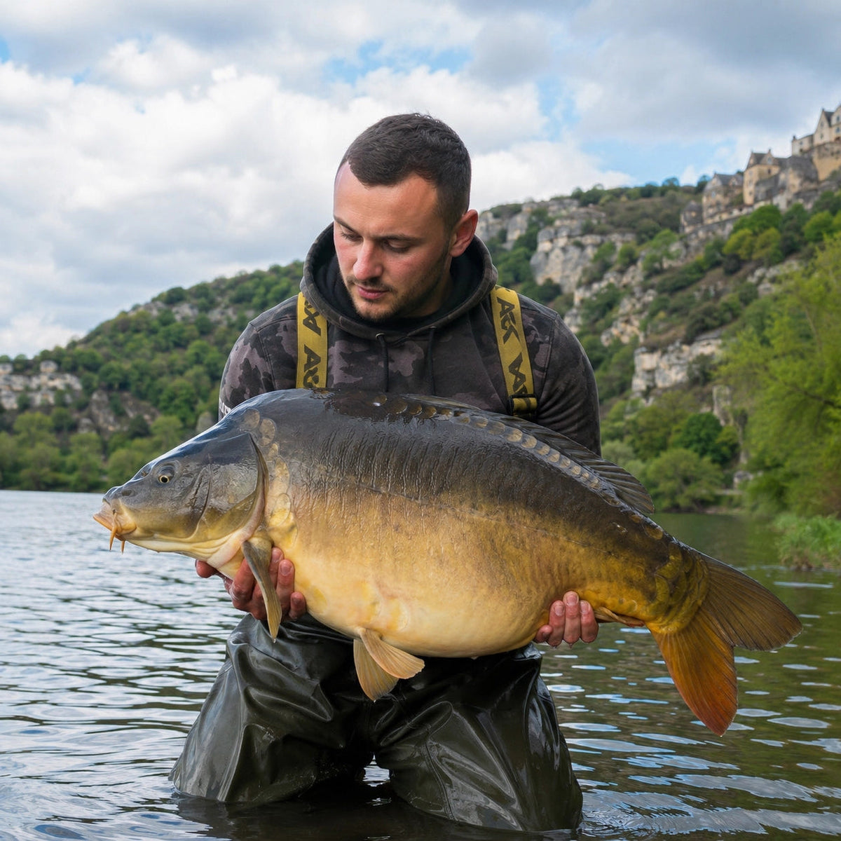 Carpe miroir capturée sur le lac de Pareloup en Aveyron bordée de falaises